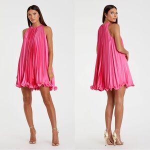 Mac Duggal Pink Pleated Halter Neck Flowy Mini Trapeze Dress